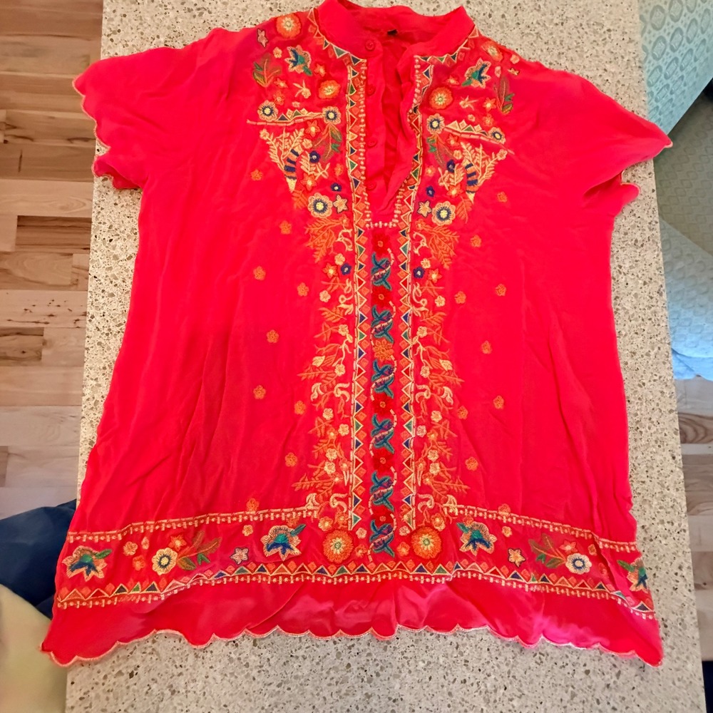 Embroidered Floral Scallop Hem Tunic Top Womens 4XL Red Boho Folk